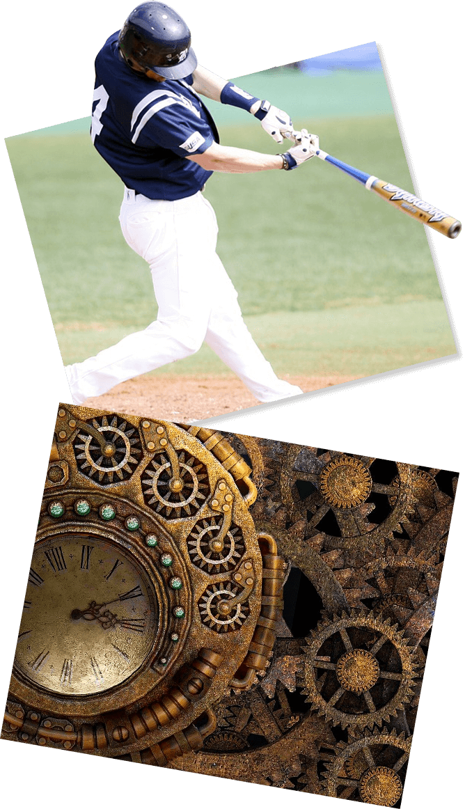 A baseball player swinging at a ball with an image of the clock in the background.